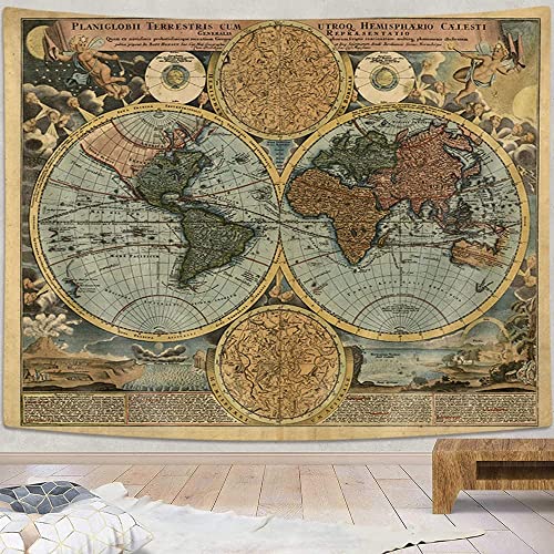Tapeçaria vintage de mapa-múndi, antigo mapa náutico do mundo arte de parede, Atlas histórico, geogr