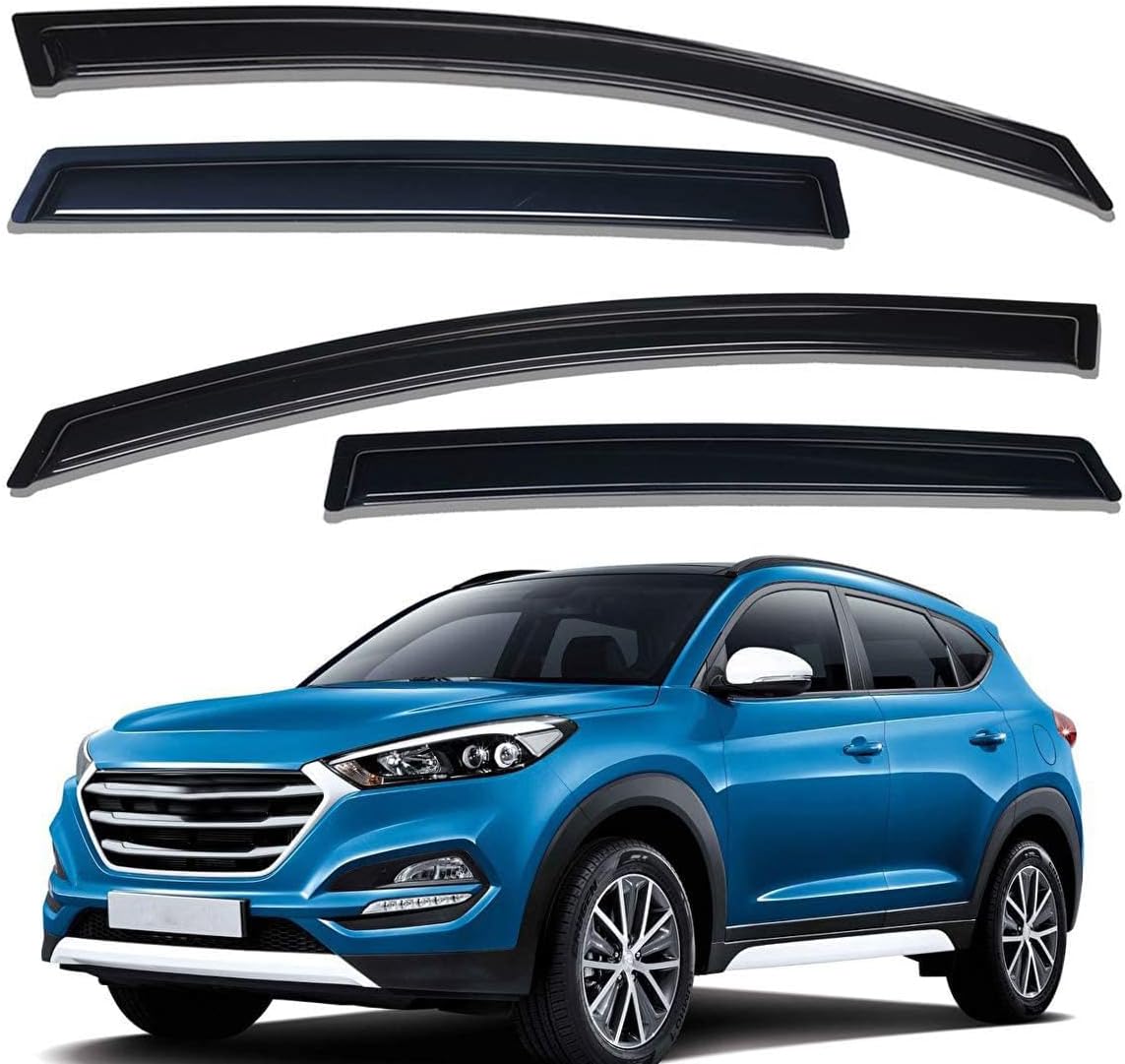 Lightronic Extra Durable Outside Mount Auto Vent Window Visor, Fits 2010-2015 Hyundai Tucson, UV Protection Rain Guard, Original Wind Deflector, No-Drill Easy Install, Dark Smoke, 4-Pcs