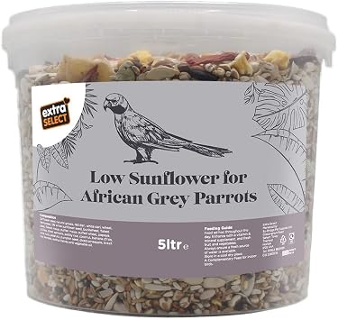 Extra Select Low Sunflower Blend African Grey Parrot Food 24 Ingredient Parrot Seed mix for Health & Vitality - 5 Litre Tub