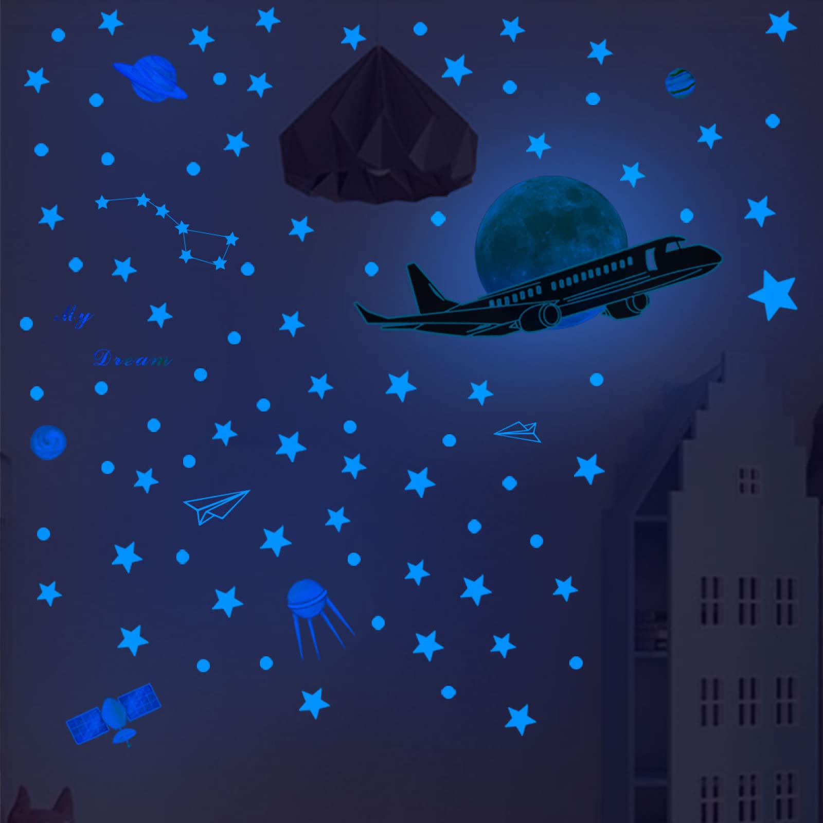 Zzdxw Blue/Dark Stickers Planet Aircraft Glow In The Stars Luminous Wall Stickers For Bedrooms Wall Stickers Living Room For Kids Bedroom Ceiling Decoration Glow In The