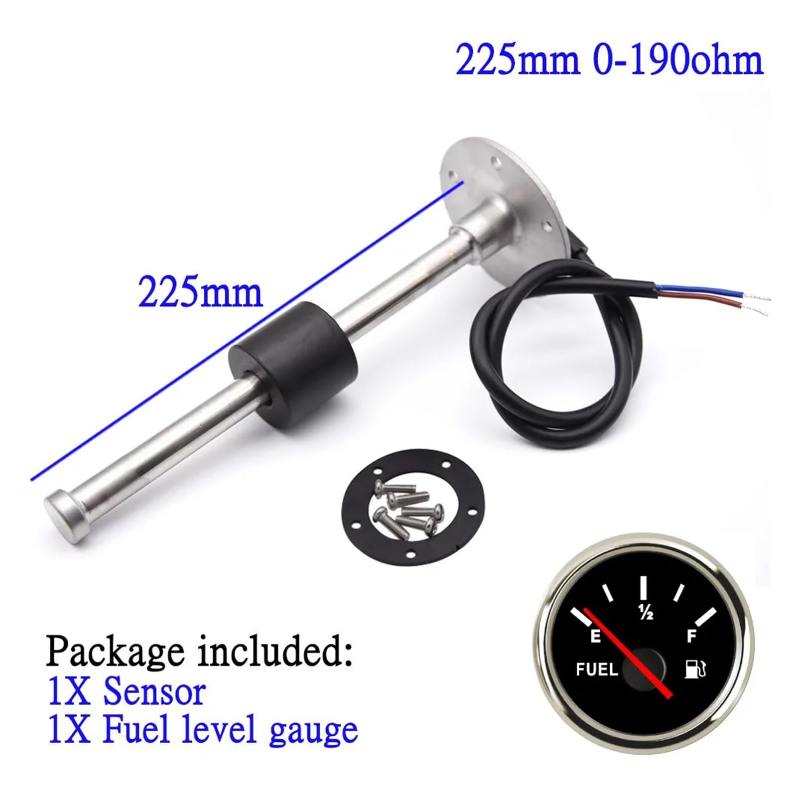 Sensor de nivel de combustible de 0-190ohm, medidor de combustible Digital marino de 125/200/225/250/500mm con Sensor apto for coche, barco, yate, unidad emisora ​​de combustible(225mm and BS gauge)