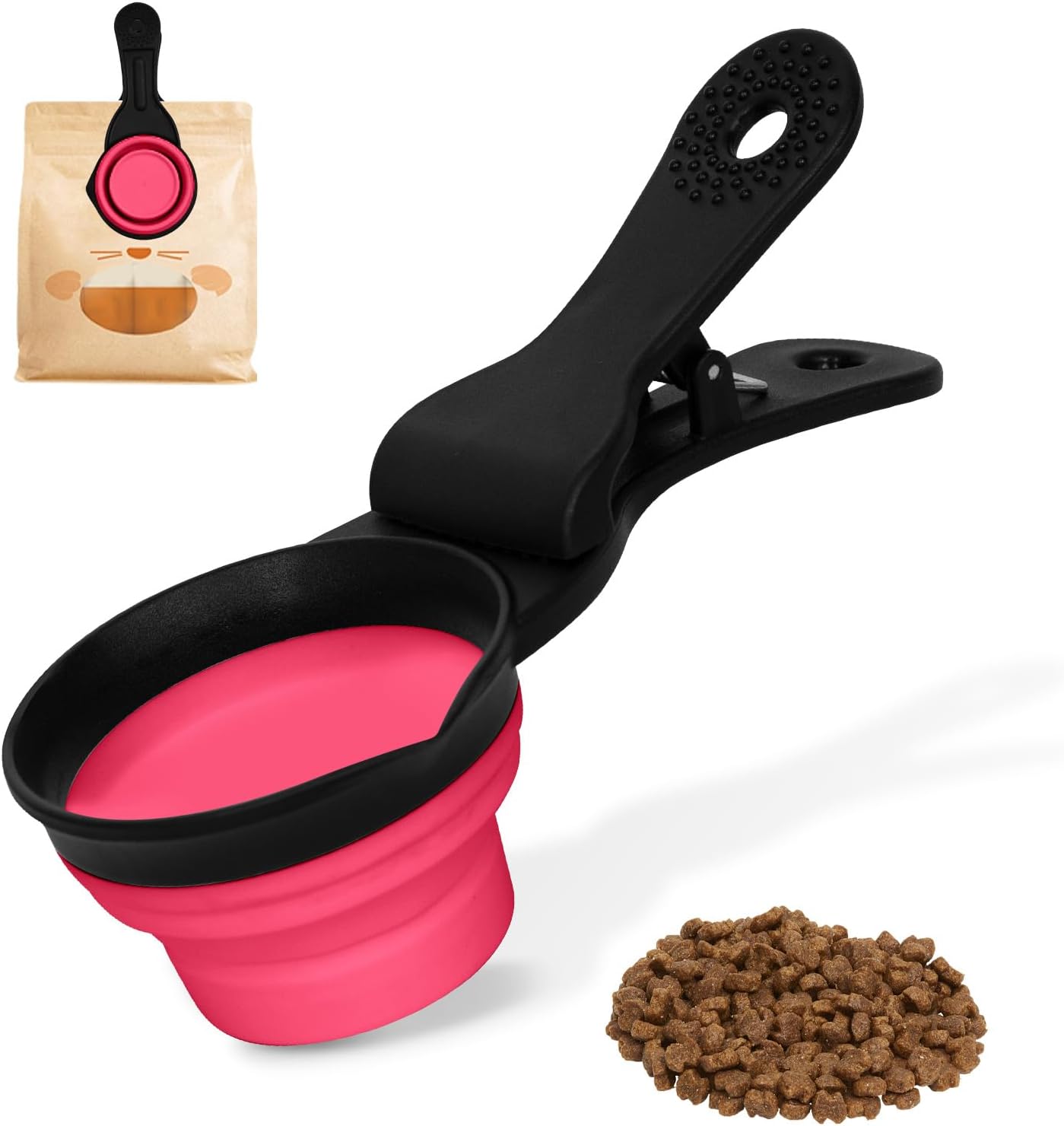 Collapsible Dog Food Scoop Foldable Pet Food Bag Clip 3 in 1 Multi-function Silicone Cat Food Measuring Cup Scoop Dog Food Scooper Pet Food Storage Clip (Rose Red, 1/2 Cup Capacity(1 Pack))