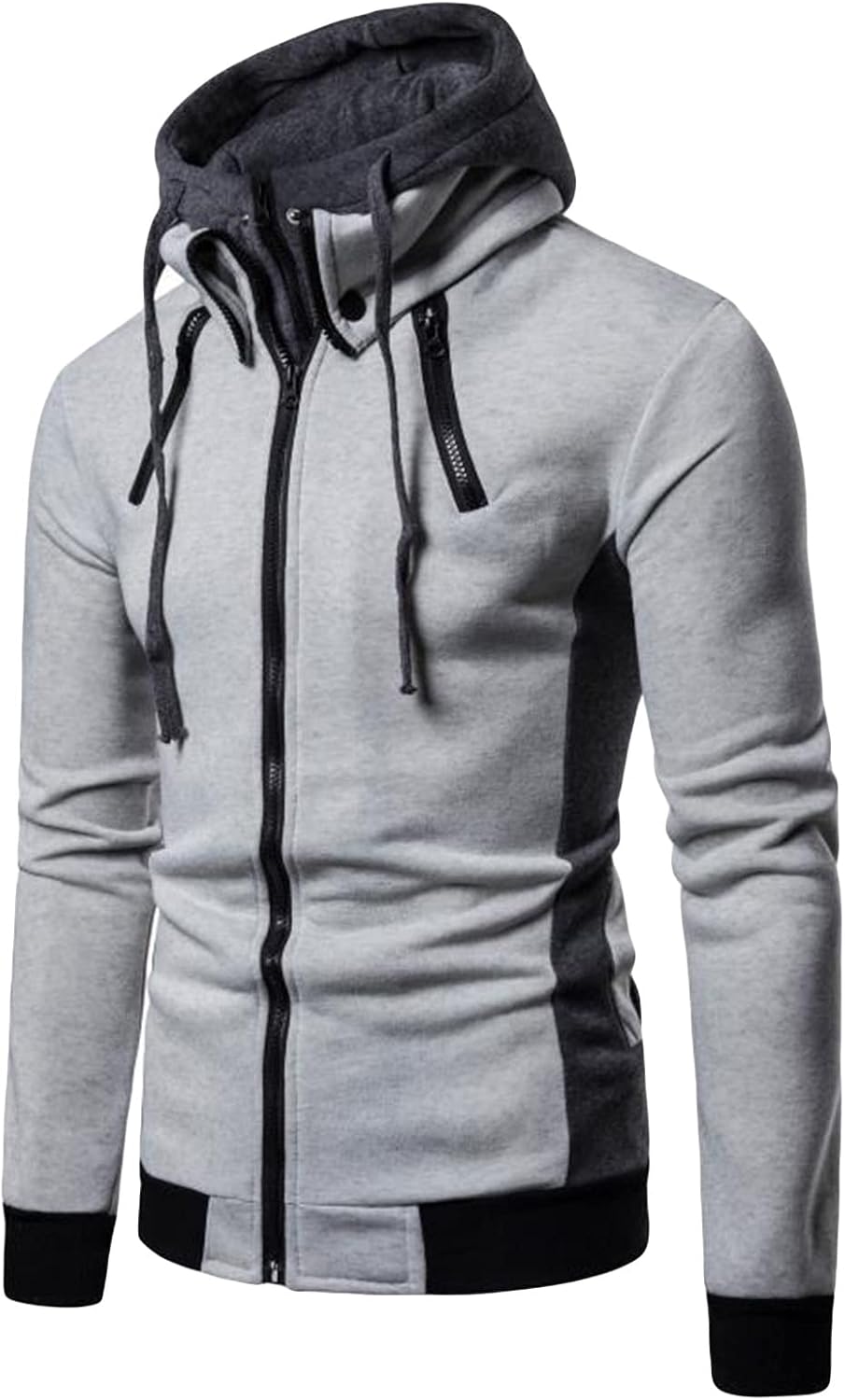 DGHM-JLMY Men's Turtleneck Casual Zipper Hoodie Double Zipper Turtleneck Hoodie Outerwear Washed Loose Cotton Hooded Jacket