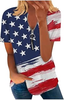 QI_LIANG Shirts for Women, Modern Soft Shirt Seaside Tunic Independence Day Short Sleev Zipped Crewneck Flag Shirt