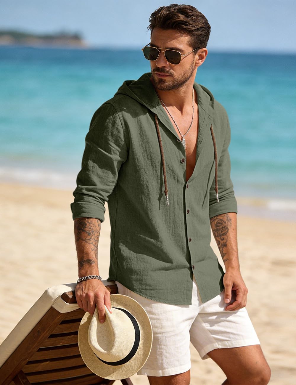 Mens Cotton Linen Button Down Hoodies Long Sleeve Casual Hoodies Hawaiian Beach Top Lightweight Fashion Shirts image 5