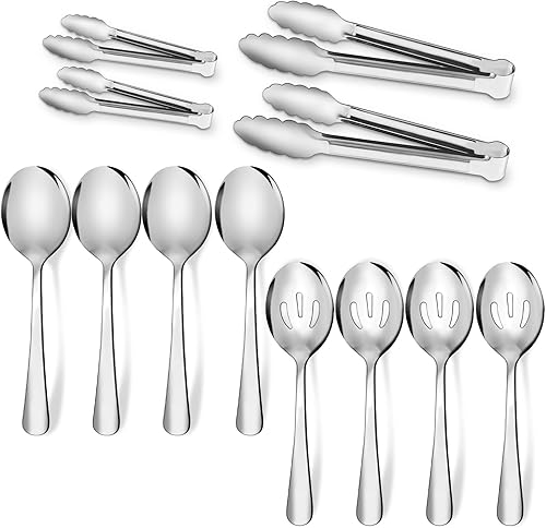 Juego de 12 utensilios de acero inoxidable para servir, cucharas grandes para servir, cucharas ranuradas, pinzas para servir, pinzas de aperitivo,