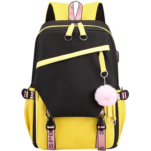 JiaYou Teen Girls Laptop Backpack Junior Middle School Daypack with USB Charge Port(Yellow,19 Liters)