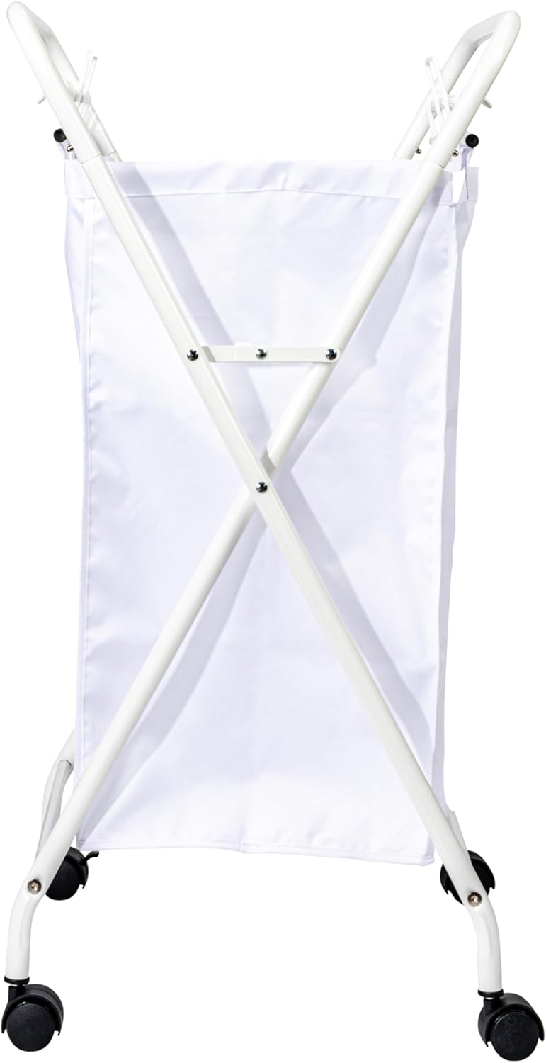 Household Essentials Rolling Laundry Hamper, Heavy Duty Canvas Bag, 2 Load Capacity, Foldable Frame, White Bag with Velcro Fasteners, White