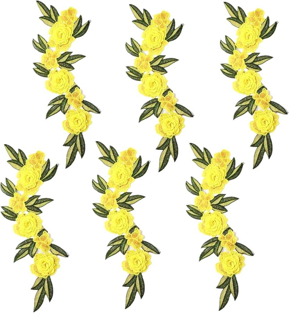 6 Pieces 15 Inch Long Flower Patches Large Sew Embroidered Lace Applique Sewing Craft Kit for Trimming Jeans Dress Clothes Bags Embellishment Decor (Yellow)