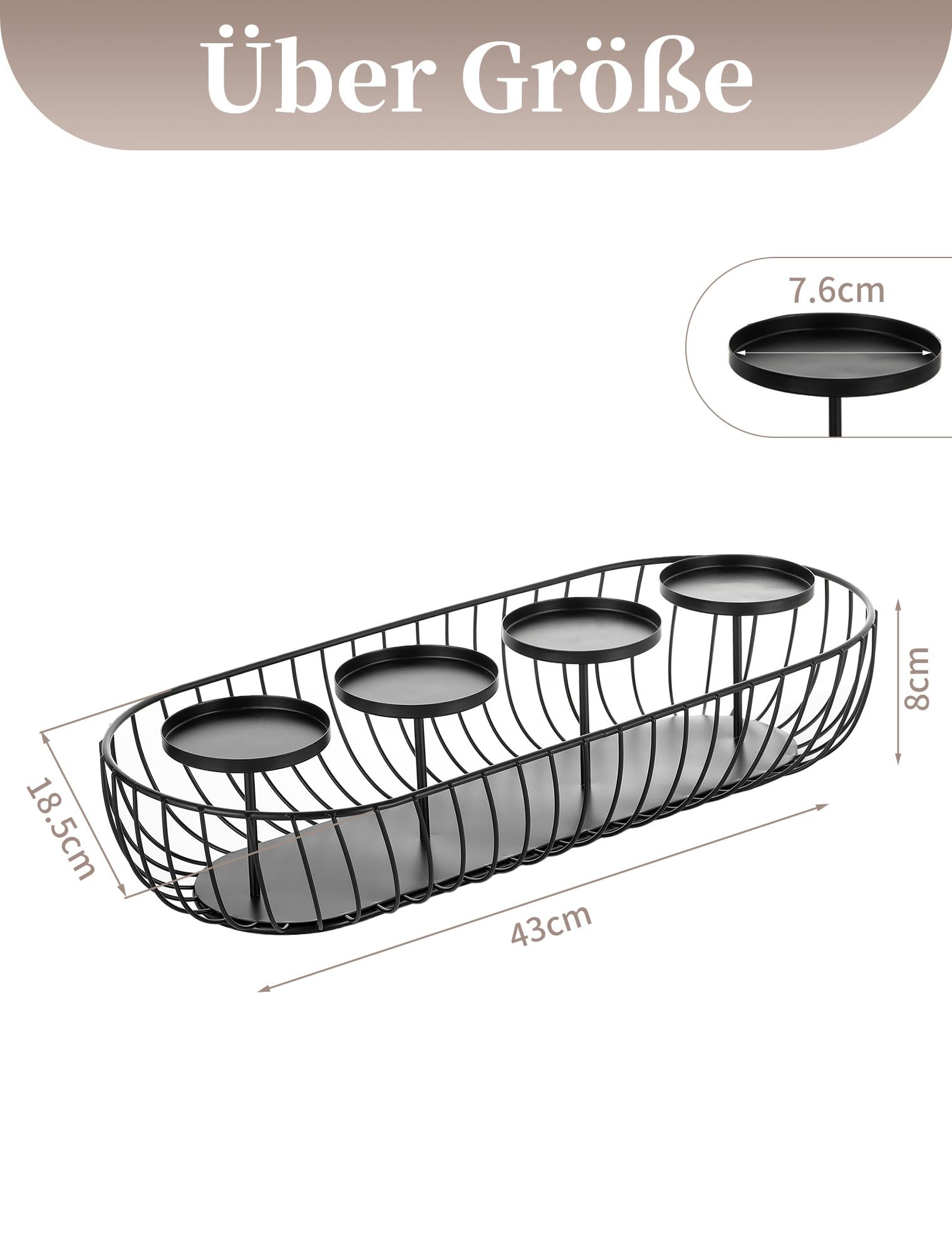Corona d'Avvento Allungata Moderna in Metallo: Nero Centrotavola d'Avvento, Vaso Portacandele per 4 Candele - Ciotola d'Avvento Lunga 43cm Candeliere per Decorazioni Natalizie, Decorazione da Tavola