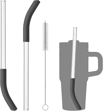 2 Pack Replacement Glass Straw for Ninja BlendBOSS Personal Smoothie Blender Tumbler, Reusable Straws with Cleaning Brush Compatible with Ninja BlendBOSS Travel Tumbler