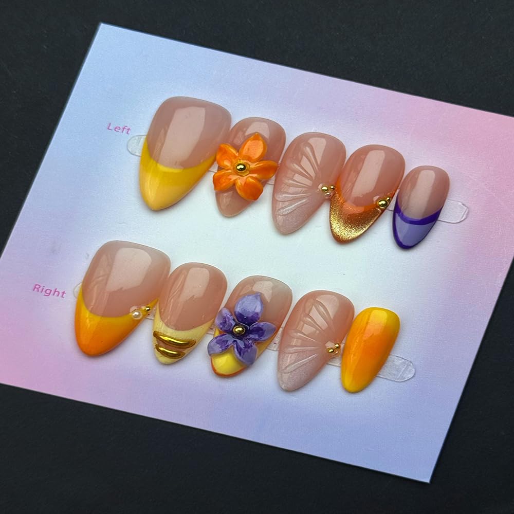 100% Handmade Press on Nails Medium Almond Handmade Nails with Purple Flower Design Ombre Yellow False Nails French Tip Nail Press ons Reusable Spring Summer Acrylic Fake Nail for Women Size L 10Pcs