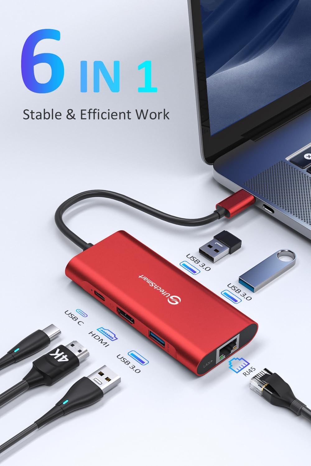 UtechSmart USB C Hub, Ethernet Multiport Adapter 6 in 1 USB C to HDMI Dock Compatible for MacBook Pro/Air, Chromebook, Dell XPS, HP and Type C Devices (Gigabit Ethernet 100W PD 4K HDMI USB 3.0) Red - image 2