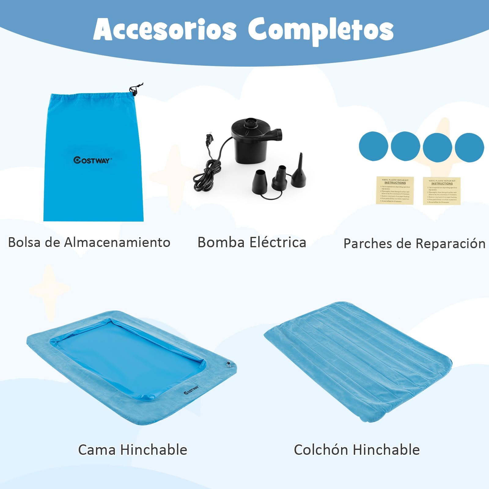 COSTWAY Colchón Inflable de Viaje para Niños, Colchón Portátil con Bomba Eléctrica, Cama Hinchable con Bordes Elevados y Colchón de Doble Cara para Habitación Infantil, Dormitorio (Celeste)
