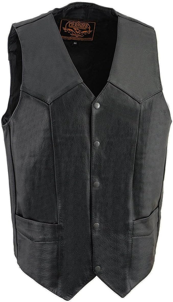 Milwaukee Leather Men's Black TALL Leather Classic V-Neck Motorcycle Biker Vest w/Snap Closure - 4" Longer Body Length