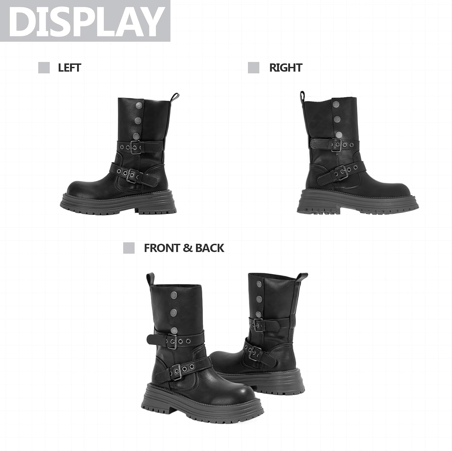 Womens Platform Side Buckle Mid-Calf Boots Fashion Side Buckle Round Toe Lug Thick Sole Mid Top Moto Combat Boots For Dressy Work Daily Office Walking