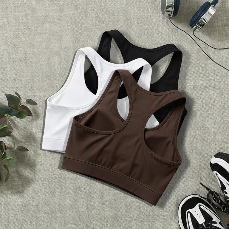 Image of BOLD & BEAUTY Women Cotton Blend Sports Bra with U-Neck, Racerback Style and Regular Straps for Workout, Yoga & Training (Pack of 3)