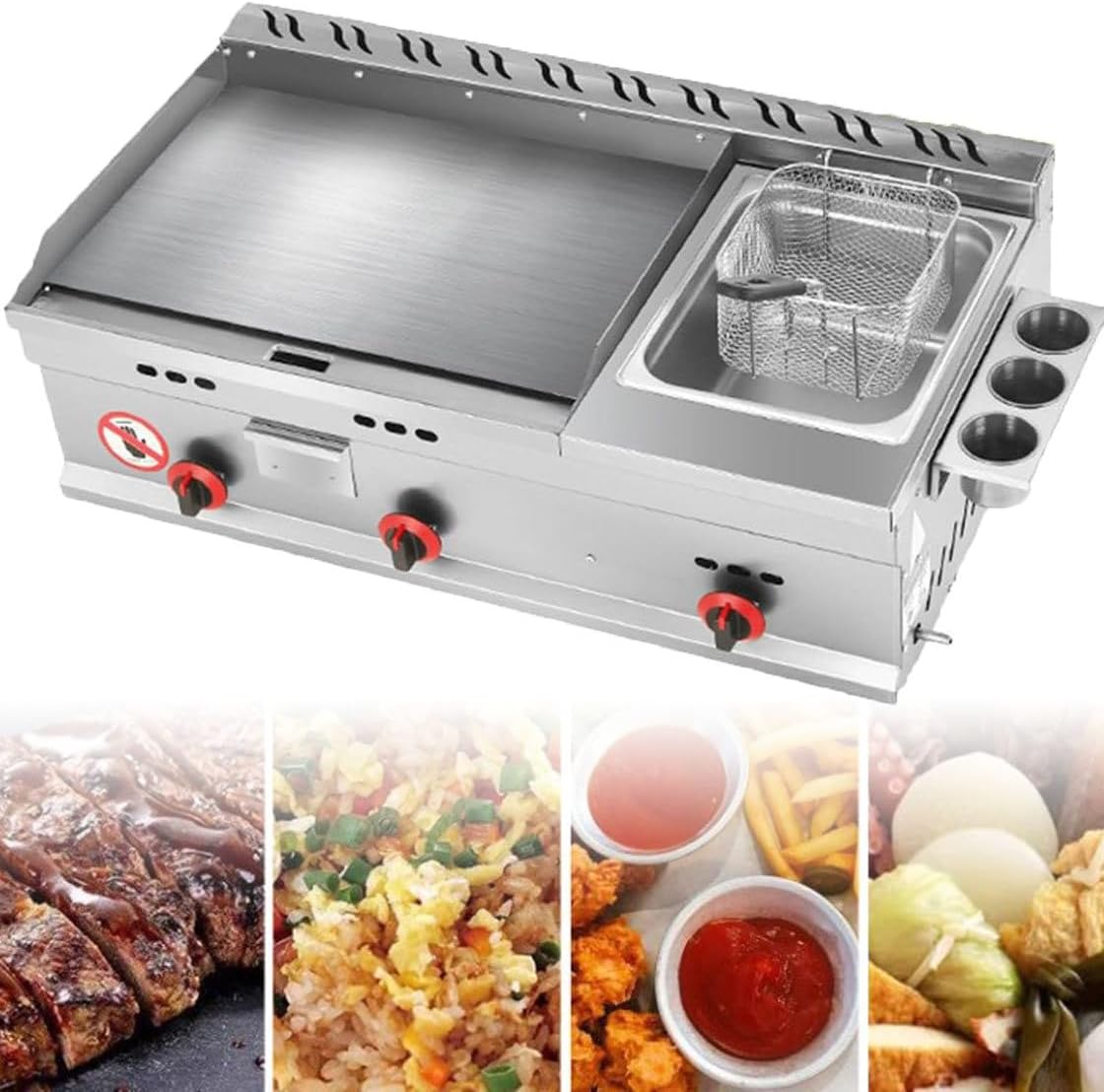 Commercial Desktop Gas Griddle, Commercial Countertop Stainless Steel Griddle Cooking BBQ Flat Hot Plate, Rapid/Uniform Heating, Dual Control for BBQ Cooking Steak, Eggs, Pancakes