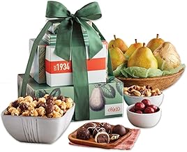 Harry & David Tower Of Treats Food Gift Basket, Fruit & Nut Gift Basket With Pear, Nut, Popcorn, Cheese, Truffles, Chocolate Covered Cherries, All Occasions, Family, Friends, Coworkers