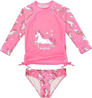 Girls Unicorn Rash Guard 2 Piece Toddler Pink Long Sleeve Swimsuit Set Rainbow Bathing Suit Sun Protection Bow-Knot 5-6X