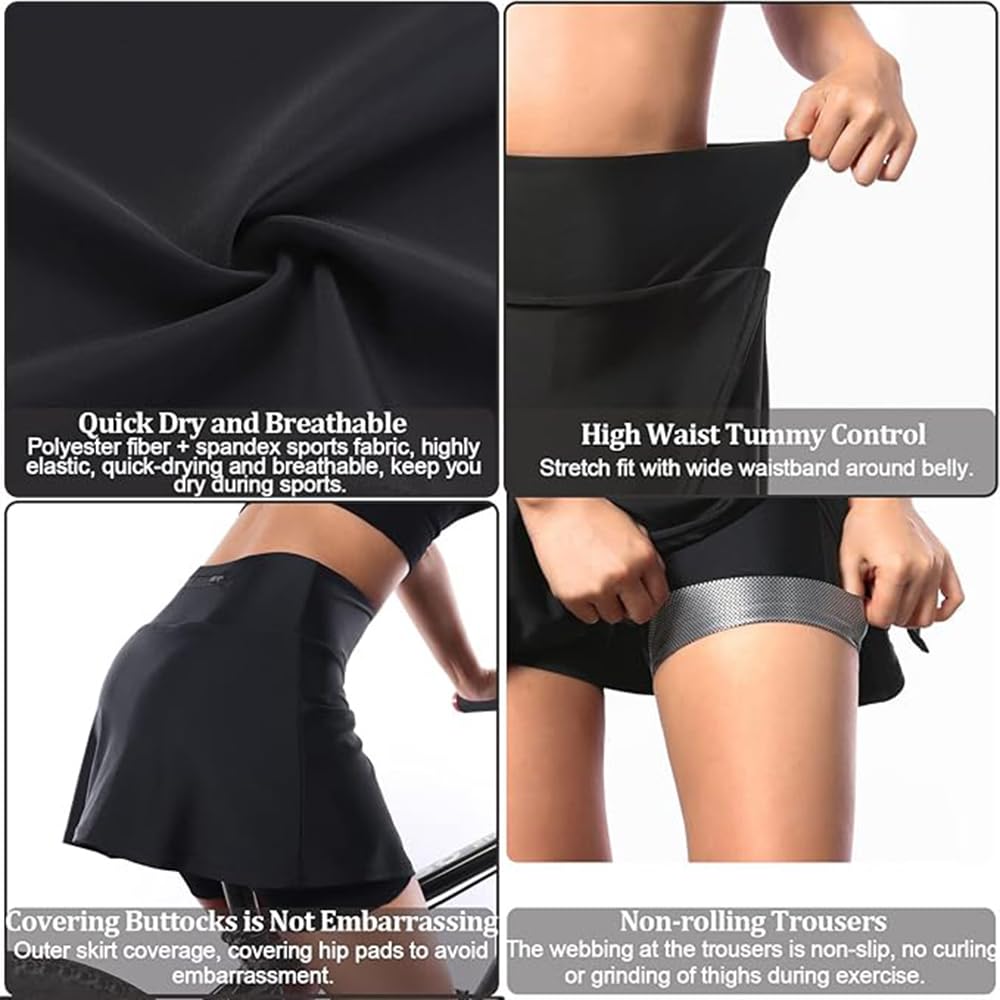 Elastizität 2 In 1 Fahrradrock Damen Fahrradhose Leichtgewicht Fahrrad Frauen Hosenrock Elegant Radlerhose Mit Hose, Hohe Taille Fahrradhose Radrock Outdoor Sportrock Skirt Mit Taschen