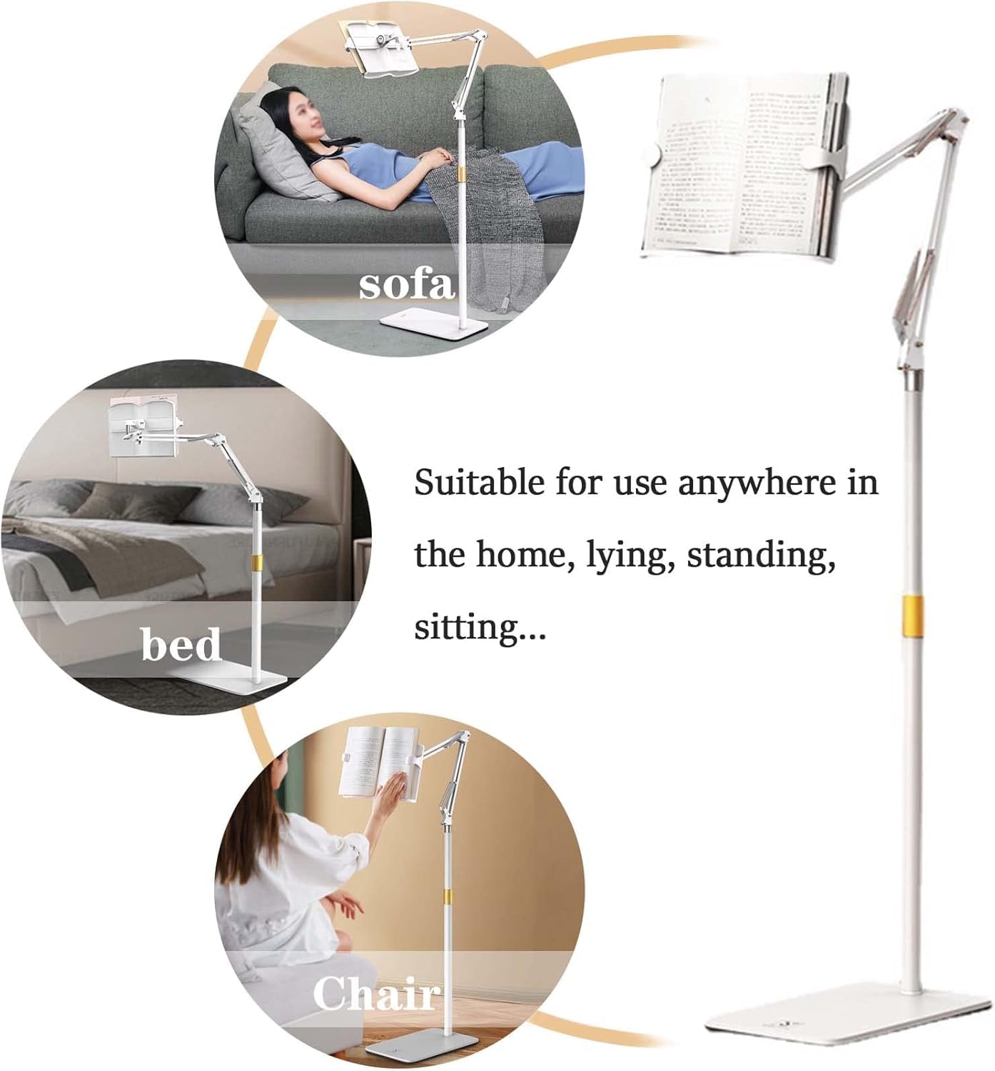 Atril de Lectura Ergonómico – Soporte para Libros & Tabletas – 360° Giratorio, Altura Ajustable 55-100 cm – Manos Libres para Cama, Oficina, CocinaWhite,One Size