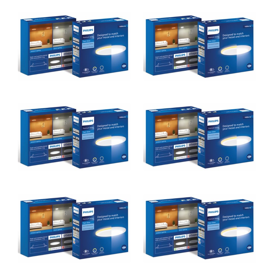 PHILIPS 15-watt Round LED Up-Down Downlighter | Twinglow 15-watt LED Downlighter for Home & Decoration | Colours : Warm White + Natural White, Pack of 6