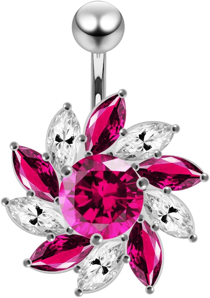 Cz Gemstones Fashion Swirling Flower Design 925 Sterling Silver with Stainless Steel Belly Ring - Belly Button jewelry - Navel jewelry