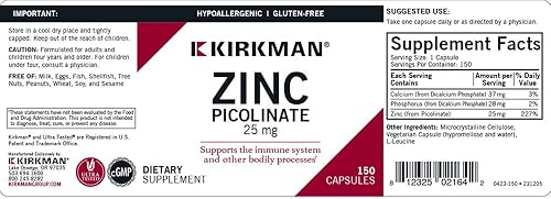 Miniatura 3 de Kirkman Picolinato de Zinc 25 mg - Hipoalergénico - 150 Cápsulas Vegetarianas - Sin Gluten - Sin caseína - Minerales
