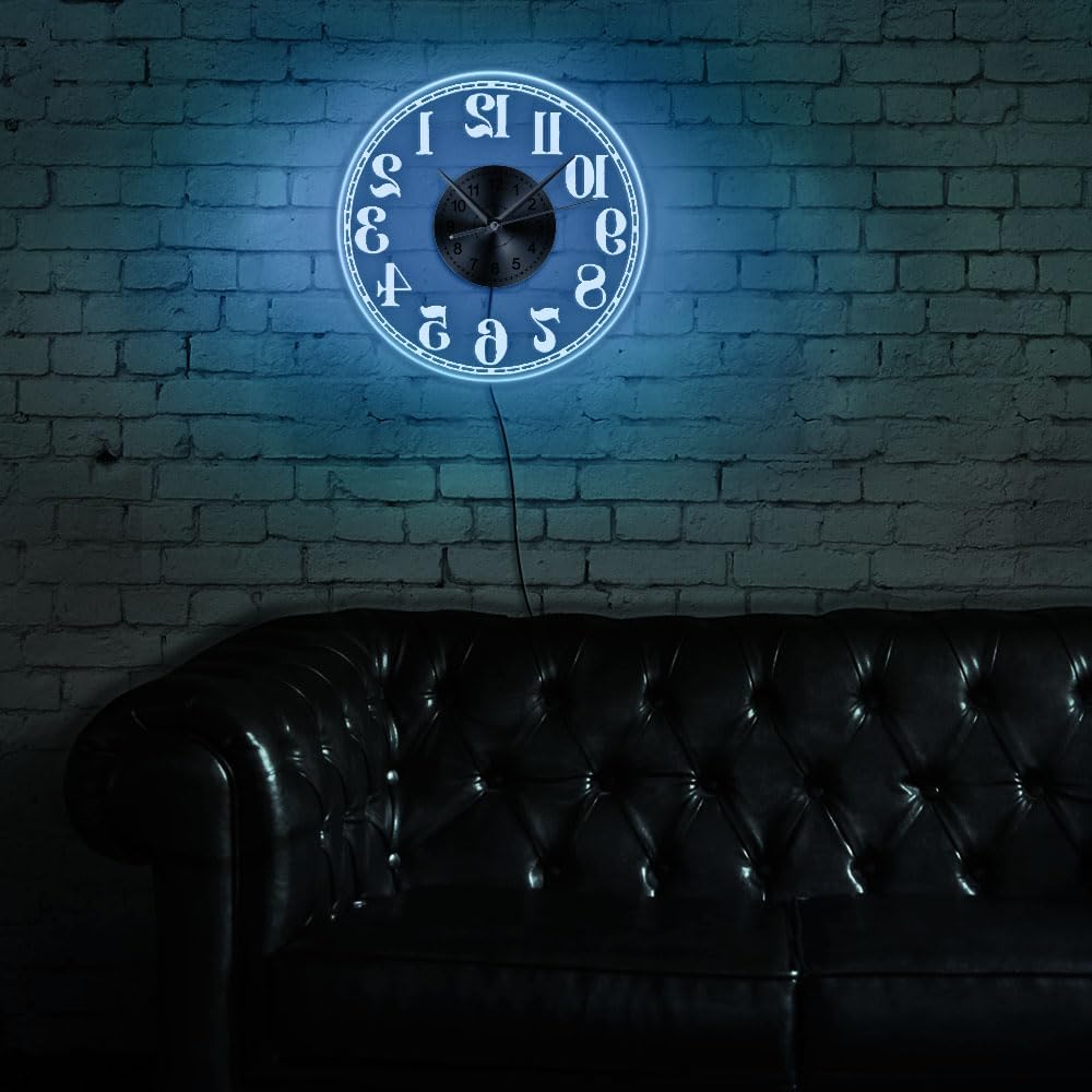 The Geeky Days Backwards Wall Clock with LED Backlight Luminous Remote Control Reverse Clock Wall Watch Lighting Home Decor Timepieces Pranks and Gags Gift