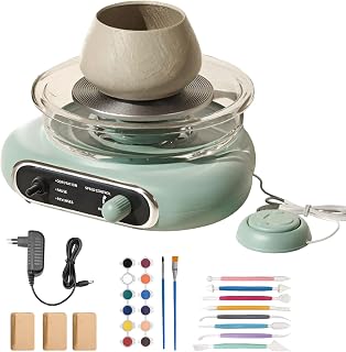Elektrische Töpferscheibe mit stufenloser Geschwindigkeit & Fußpedal-Stopptaste - 12cm Pottery Wheel + 8-teiliges Zubehörset - Töpferset für Zuhause (Grün)