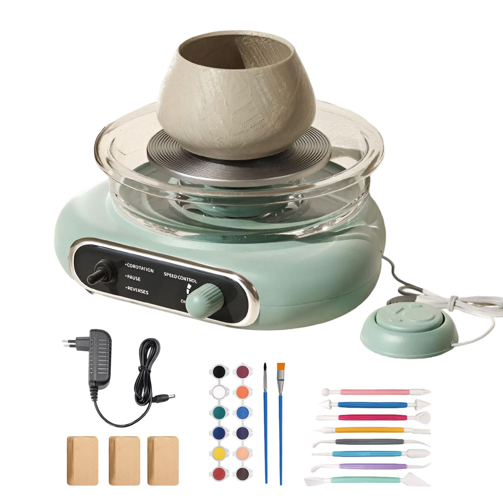 Elektrische Töpferscheibe mit stufenloser Geschwindigkeit & Fußpedal-Stopptaste - 12cm Pottery Wheel + 8-teiliges Zubehörset - Töpferset für Zuhause (Grün)