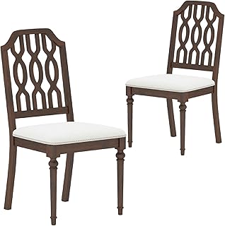 chairus Farmhouse Dining Chairs Set of 2, French Country Vintage Wooden Dining Room Chairs with Lattice Back & Turned Legs, Rustic Chenille Upholstered Nailhead Trim Side Kitchen Chairs, Walnut Brown