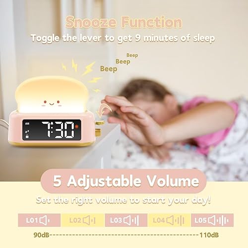 Miniatura 4 de Reloj despertador para niños, reloj despertador digital para dormitorios, lindo reloj despertador con luz nocturna, temporizador, repetición, brillo