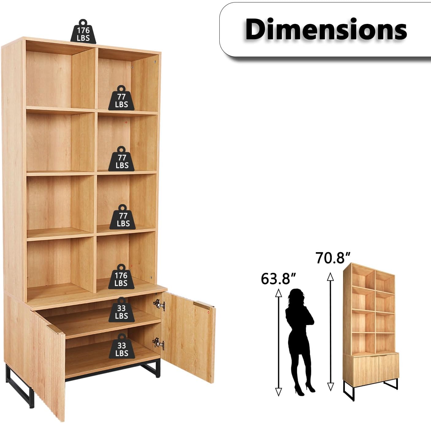 Bookcase with Cabinet,8 Cube Book Case with Adjustable Shelves,Fluted Bookshelf for Home Office,Living Room,Library,Oak(1, 8-Cube)