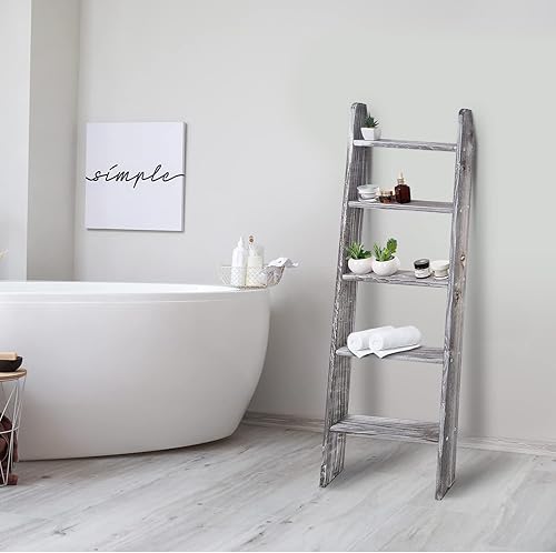 Miniatura 2 de Toalleros de madera rústica de 5 niveles para baño, sala de estar, cocina, oficina, Woden, granja, estilo escalera, organizador multiusos para el