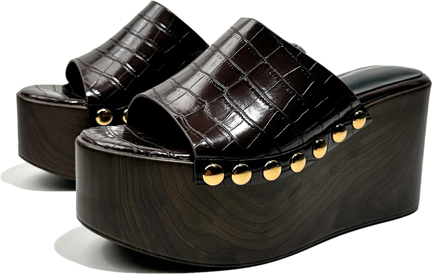 Womens Platform Retro Wedge Sandals Fashion Peep Round Toe Studded Glossy Crocodile Pattern Cork Thick Sole Comfortable Non-Slip Slip-On Platform Sandals