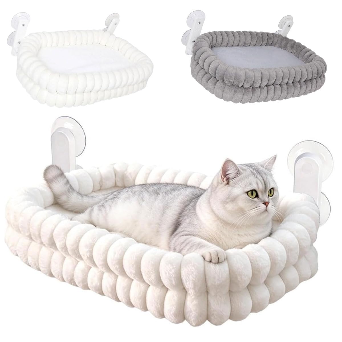 90° Foldable Cat Window Perch Hammock, Faltbar Katzen-Fensterplatz Hängematte, Katzen Hängematte Fensterbrett, Fenster-Hängemattes mit Saugnäpfen & Metallrahmen für große Katzens & Kätzchen (Weiß, S)