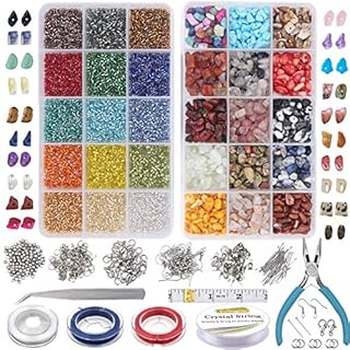 EuTengHao 7030Pcs Beading Glass Bugle Seed Beads and Irregular Chips Stone Beads Natural Gemstone Beads Kit with Elastic String Plier Lobster Clasps Elastic String Jump Rings for DIY Necklace Bracelet