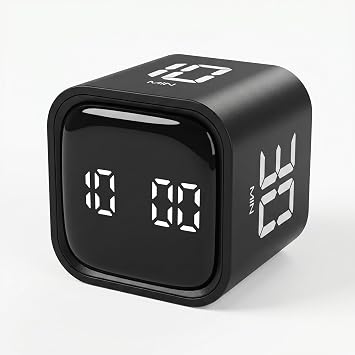 Pomodoro Timer Cube, Productivity Visual Timer Flip, 5/10/30/60 Min Preset Custom Countdown, ADHD Tool Rotating Countdown Stopwatch, Vibrate/High/Low Volume, for Study, Work, Game, Kitchen-Black