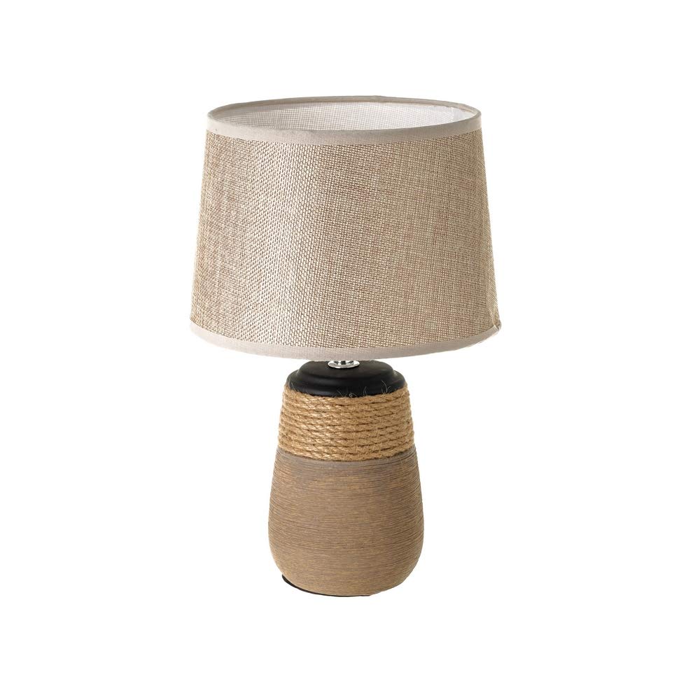 LOLAhome - Lámpara de mesa cilíndrica de 20x30 cm | Lámpara para mesita de noche rústica con pantalla marrón y con base cerámica marrón decorada con cuerda beige. Casquillo E14
