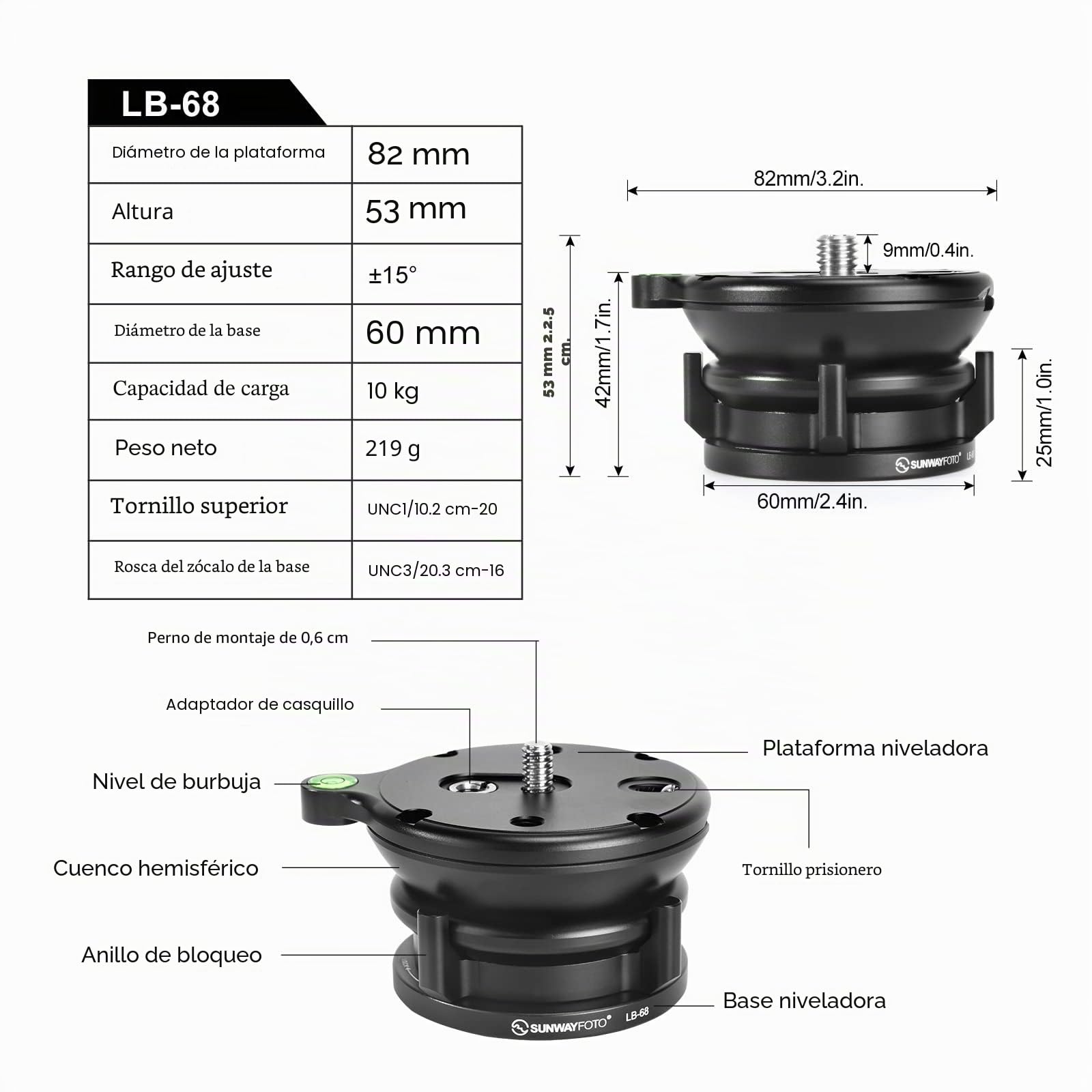 SUNWAYFOTO Cabezal de trípode con Base de nivelación LB-68, Capacidad de Carga de 10 kg