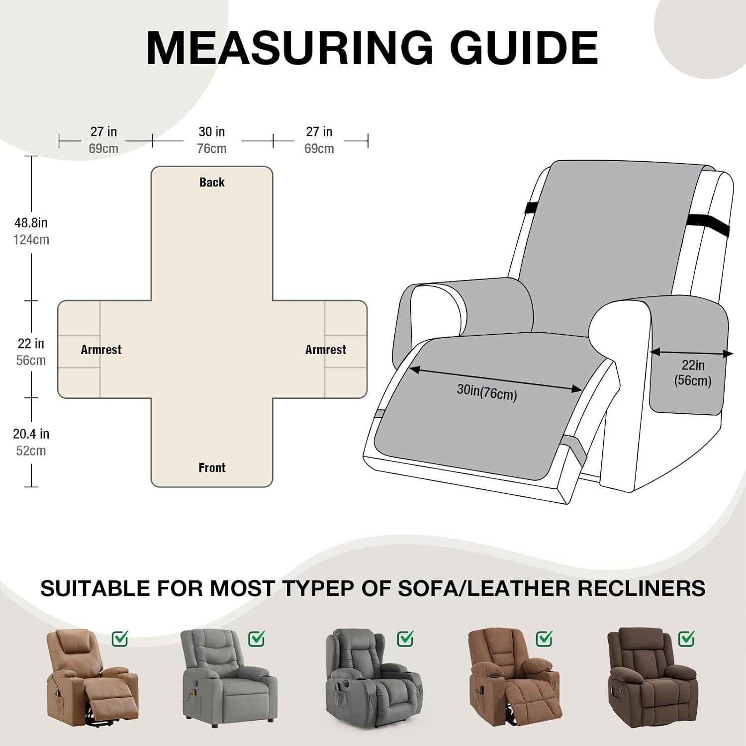 VANSOFY 100% Waterproof Recliner Chair Cover, Recliner Cover with Non-Slip Granule, Washable Reclining Chair with Pocket Furniture Protector for Kids, Pets(Black, 30)