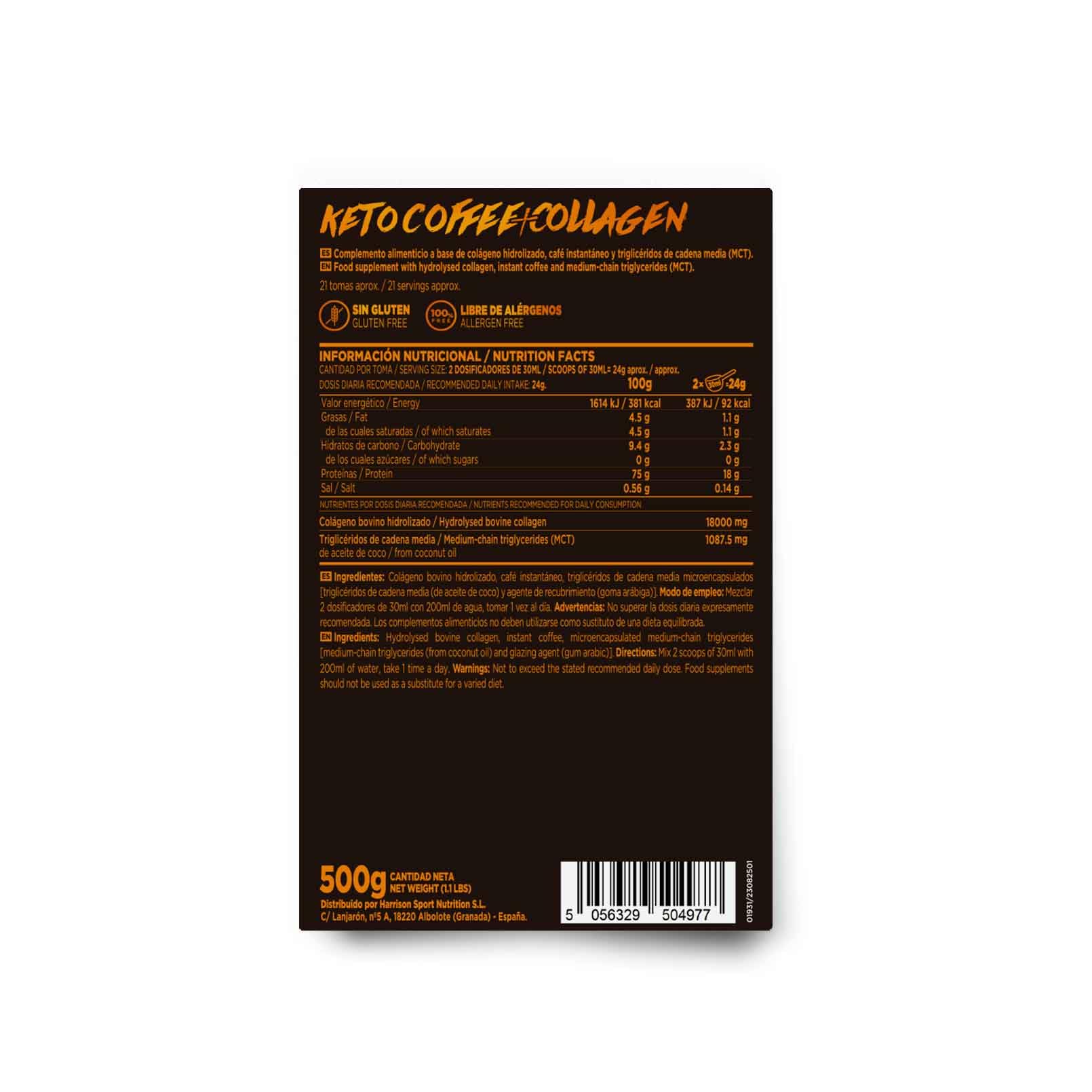 Café con Colágeno Hidrolizado Bovino de HSN | 500 g = 21 Tomas por Envase | Ideal Dieta Keto | 18 Gramos de Colágeno por Dosis Diaria y Café Instantáneo + MCT | No-GMO, Sin Gluten