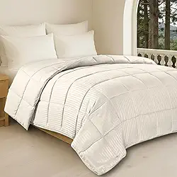 Edredom Toque de Plumas Dupla Face, Microfibra Plumage Liso e Stripe Quadriculado (Pérola Stripes, Casal)