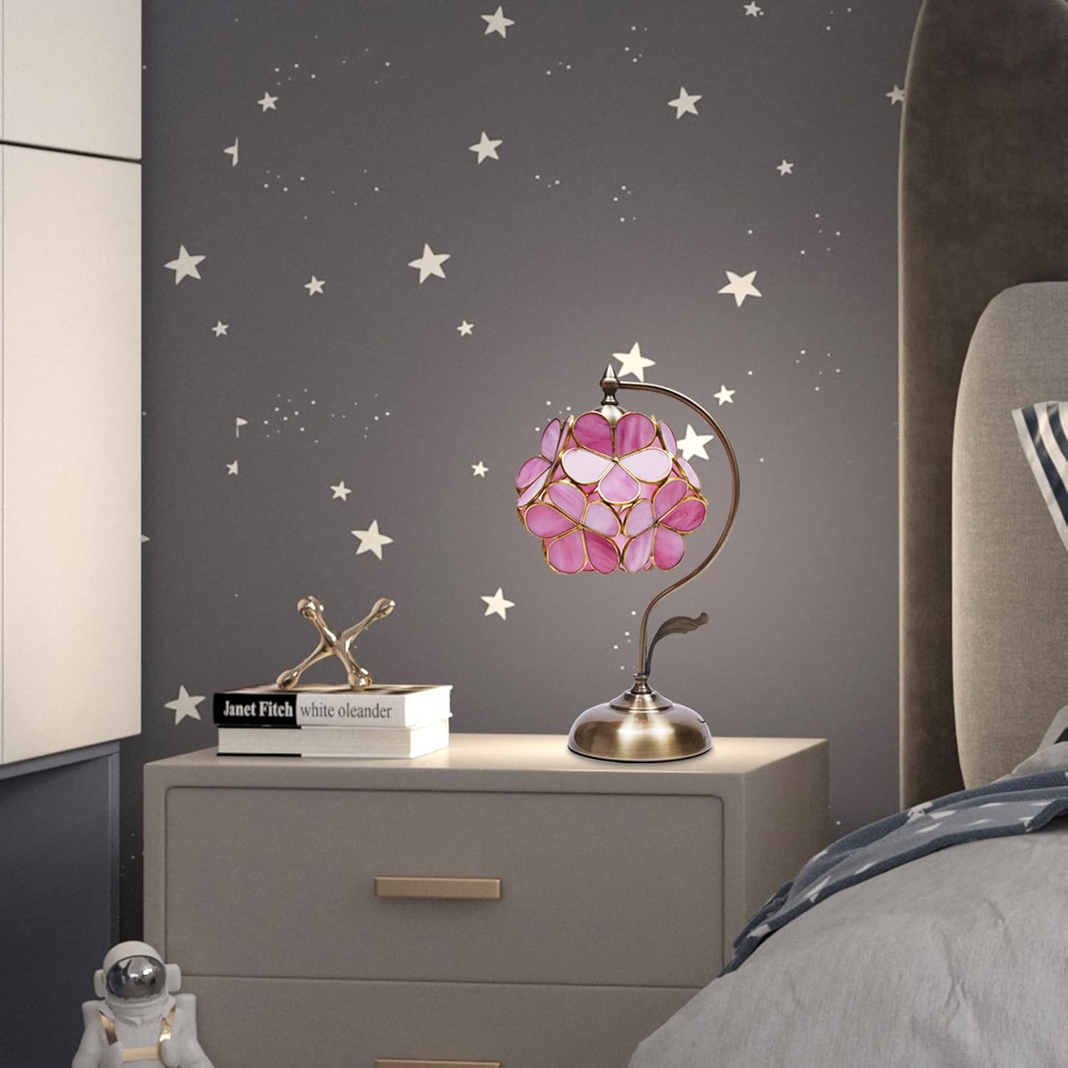 Cherry Blossom Tiffany Style Stained Glass Table Lamp with Petal Lampshade Vintage Brass Base (Pink)