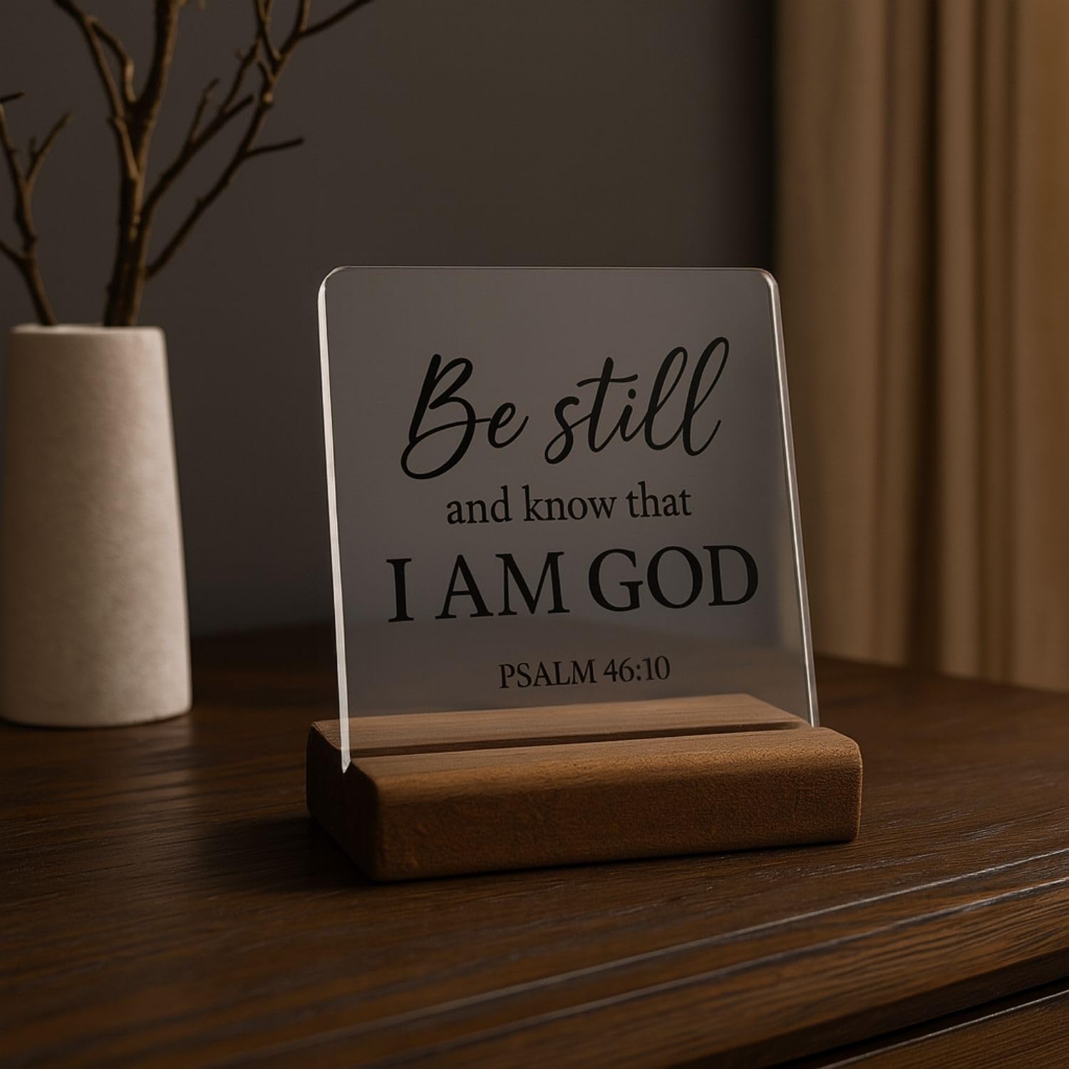 Be Still and Know That I Am God Psalm 46:10 Acrylic Plaque with Wooden Base | Christian Bible verse decor, clear acrylic plaque, wooden base, inspirational gift for women and men, home or office desk