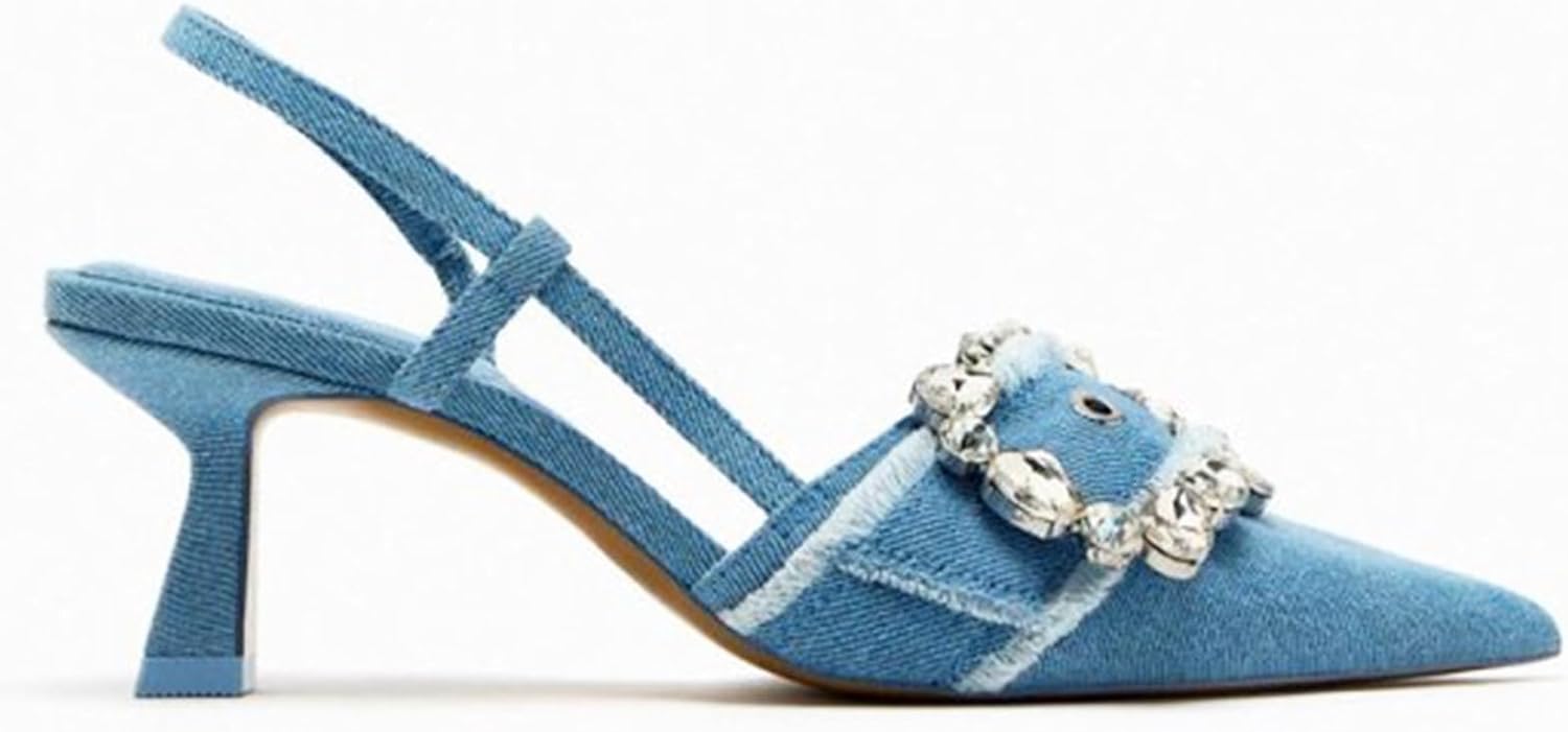 Women's Rhinestones Pointed Toe Denim Kitten Heels Fashion Slip On Slingback Low Heel Dress Mule Pumps for Wedding Party Evening Shoes