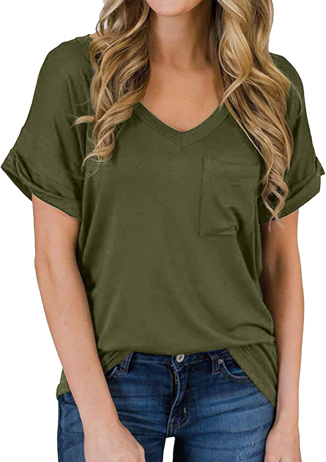 Womens T Shirts Short Sleeve V Neck Tops with Pockets Summer Trendy Soft Casual Comfy Blouse Outfits Clothes 2025