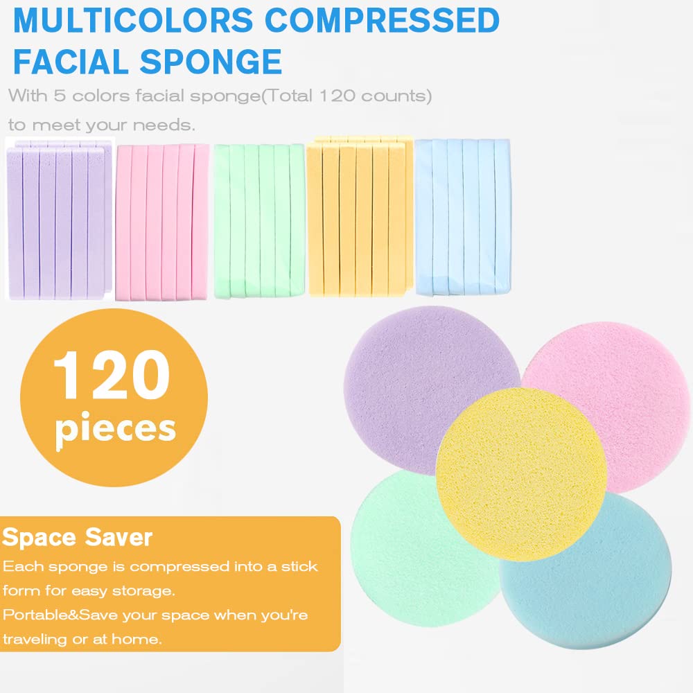 Facial Sponge Compressed Makeup Remover 120 Count Wash Pads Round Soft Face Cleansing Sponges for Woman Exfoliating Mask,Makeup Removal,Spa Cleaning,Yellow,Pink,Blue,Purple,Green
